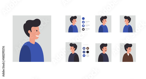Diverse male avatar set in flat style with customizable features and colors