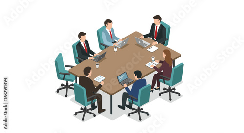 Business meeting around table with laptops and coffee in isometric style