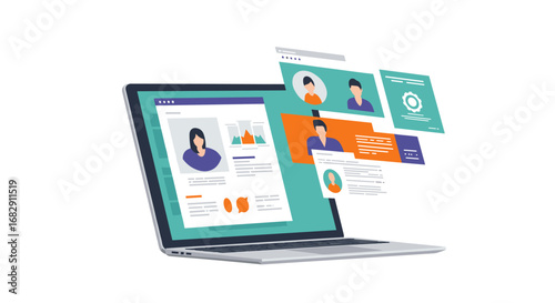 Digital workflow concept with user profiles and data on laptop screen
