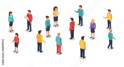 Isometric business people standing and interacting in casual office attire