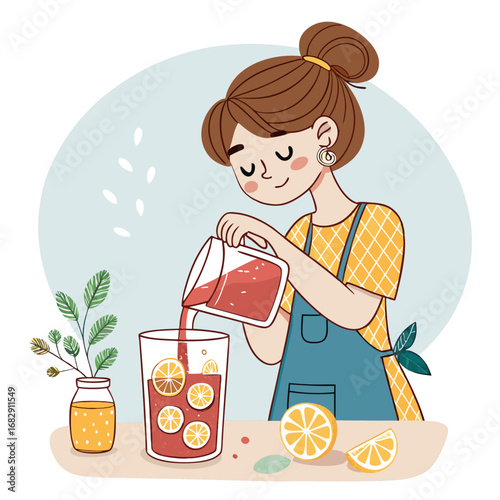 Cartoon girl in an apron pouring fresh lemonade into a glass.