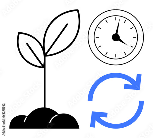 Young plant sprouting from soil, clock symbolizing time, blue recycle arrows for renewal. Ideal for sustainability, growth, regeneration, eco-living, time efficiency, balance environmental