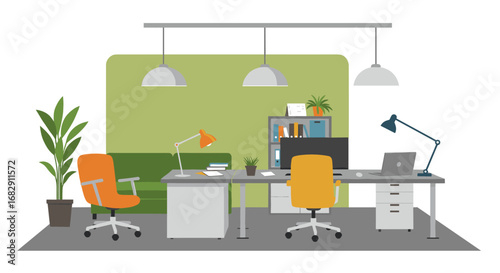 Modern workspace with desks and chairs in a flat design