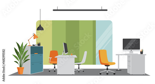 Modern office interior with desks and chairs in a contemporary design