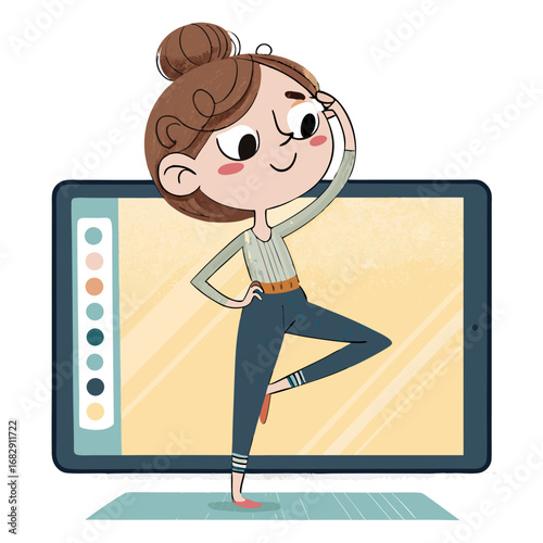 Cartoon girl practicing yoga with an online tutorial on a tablet.