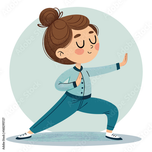 Cartoon girl practicing Tai Chi martial art exercise.