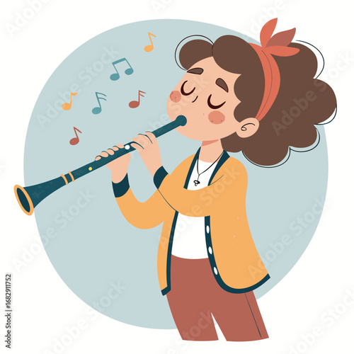 Cartoon girl with curly hair playing the clarinet with musical notes.