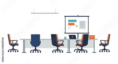 Modern office meeting room with conference table and chairs in flat design style