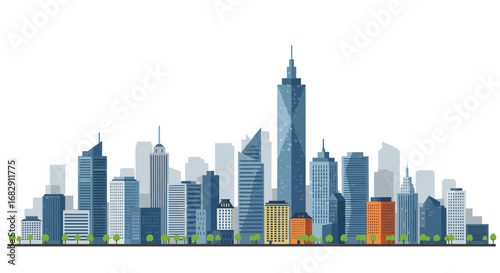 Modern city skyline with skyscrapers and trees