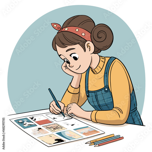 Cartoon Girl with Headband Drawing a Comic Book.