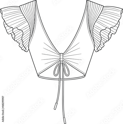 Trendy crop top fashion design, flutter sleeve blouse CAD, vector flat sketch, stylish summer women’s wear technical drawing