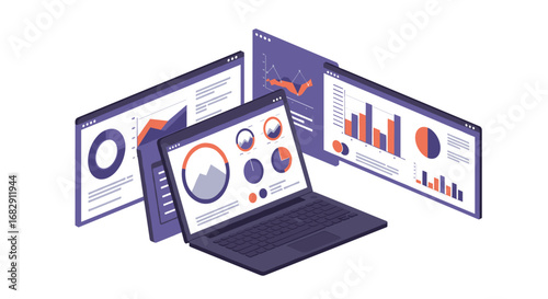 Data analysis laptop with interactive graphs and charts