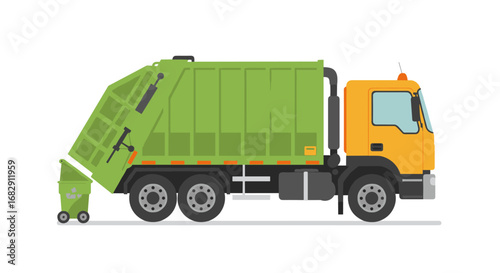 Garbage truck in flat design with green recycling bin on white background