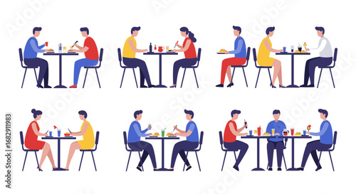 Modern couples dining in restaurant: flat style diverse interactions and meals