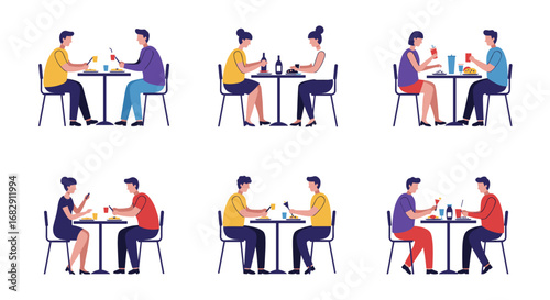 Couples dining in modern minimalist style at tables in various cafe settings