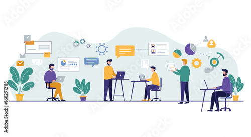 Modern office collaboration with diverse team working on projects and data analysis in a creative workspace