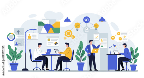 Modern office workspace with flat design and collaborative teamwork