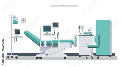 Modern flat style medical examination room with equipment and furniture