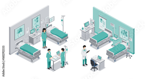Modern hospital ward: isometric design featuring medical professionals and equipment