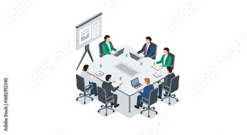 Isometric office meeting with team members sitting around conference table