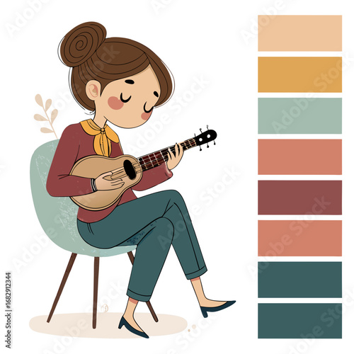 Cartoon illustration of a young woman playing a guitar while sitting on a chair.