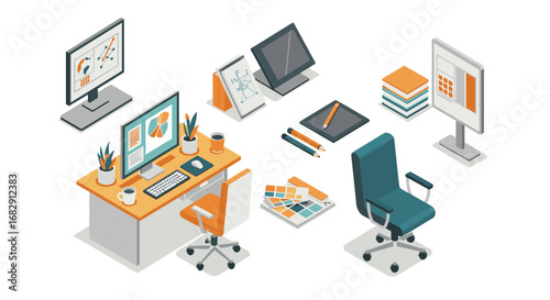 Modern isometric office workspace with desktop computer and design tools
