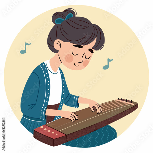 Cartoon illustration of a young woman playing a traditional guzheng zither.