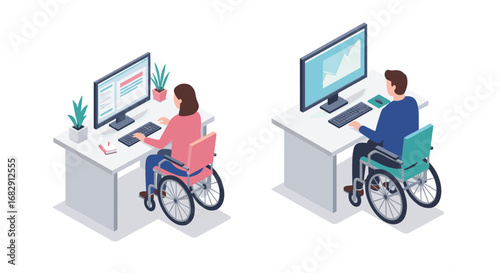 Inclusive workplace: diverse individuals using computers in modern office setting