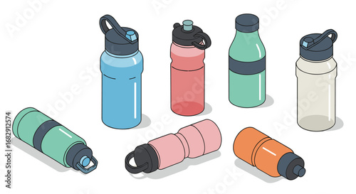 Colorful collection of isometric water bottles in various shapes and styles