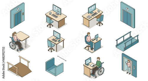 Accessible office design: inclusive furniture and facilities in isometric style