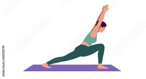 Woman in warrior yoga pose on mat with gradient background