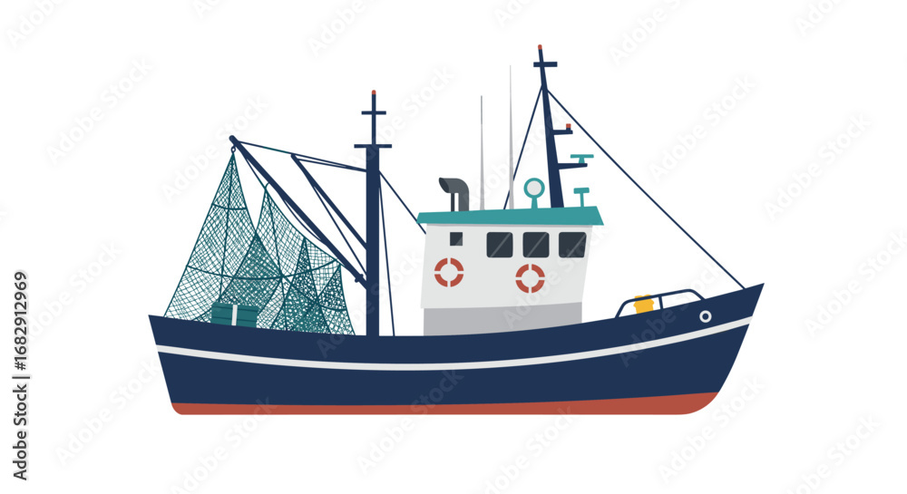 Obraz premium Colorful flat fishing boat with nets and lifebuoys