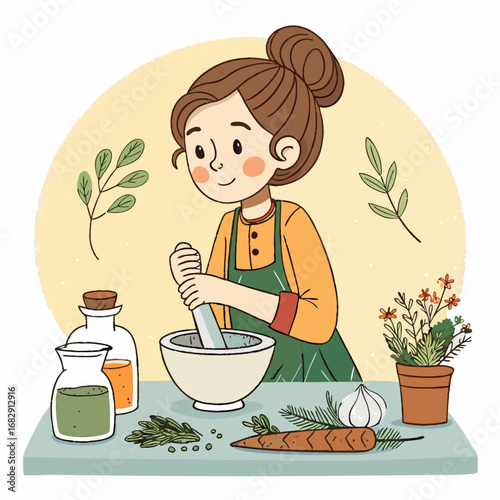Cartoon woman in an apron preparing herbal remedies with a mortar and pestle.