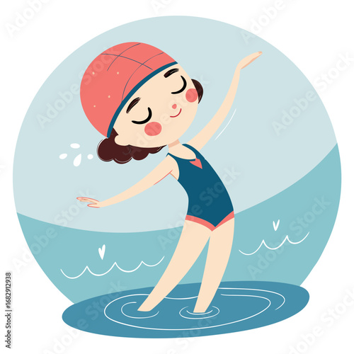 Charming cartoon girl in a red swimming cap enjoying the water.