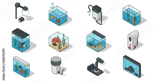 Isometric aquarium set with fish tanks and accessories