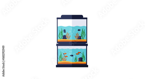Colorful fish tanks with marine life and aquatic plants in minimalist design