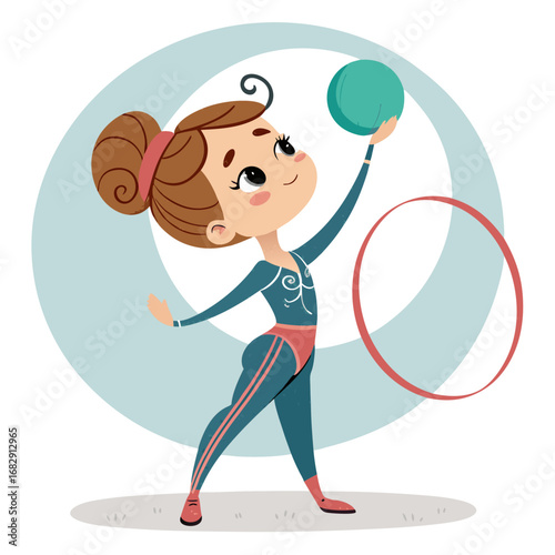 Charming Cartoon Girl Performing Rhythmic Gymnastics with a Ball and Hoop.