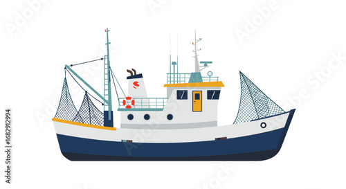 Flat fishing trawler with nets and lifebuoy on white background