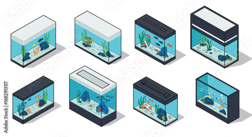 Set of isometric aquarium designs with various fish and plants