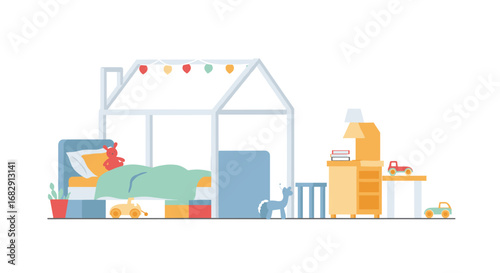 Cozy kids room with playful toys and bed in minimalist design