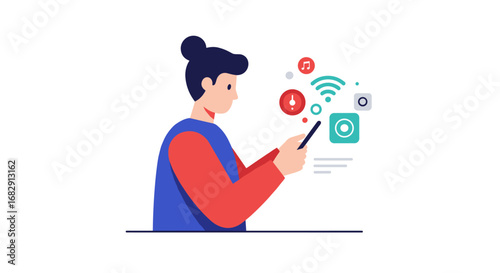 Young adult engaged with smartphone and multimedia icons in a modern style
