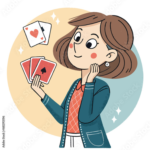 Charming cartoon woman holding playing cards.