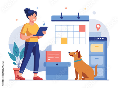 Woman organizes dog care schedule on laptop next to happy pet dog