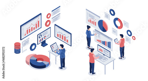 Isometric business analytics with team analyzing data charts and graphs