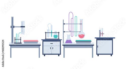 Modern laboratory equipment layout featuring scientific apparatus and glassware in a flat design