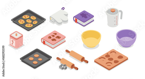 Isometric baking tools and ingredients collection for cooking enthusiasts