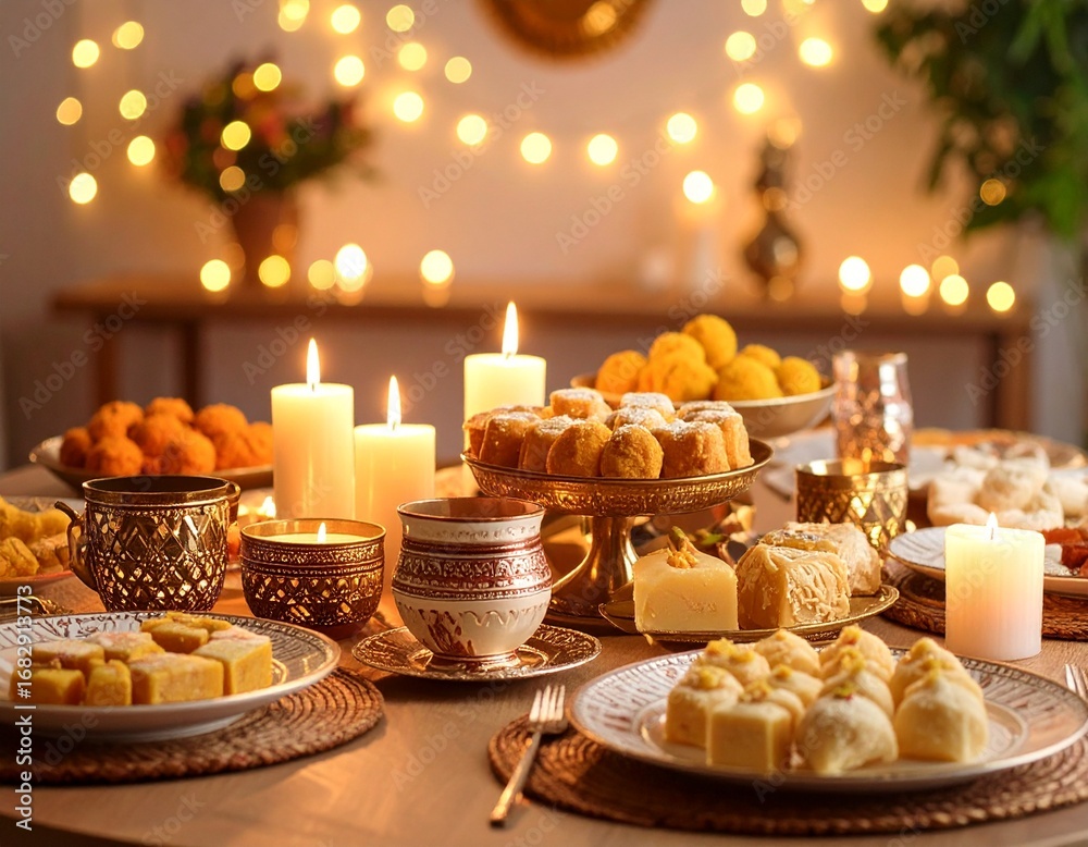 Fototapeta premium Aesthetic ultra realistic dining table setup with festive crockery, candles, fairy