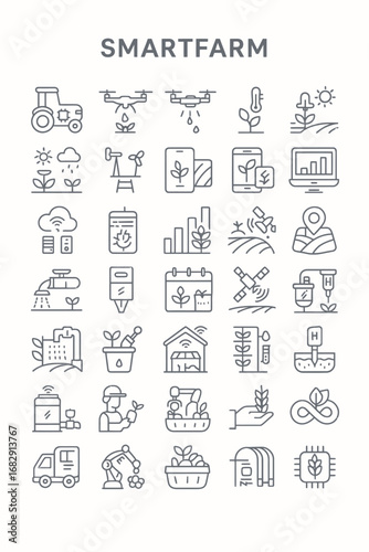 A comprehensive set of thin line icons illustrating smart city concepts, urban innovation, and sustainable technology infrastructure