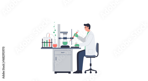 Male scientist conducting laboratory experiment with test tubes and flasks