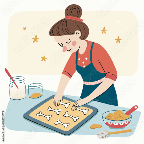 Charming illustration of a woman baking homemade dog treats.